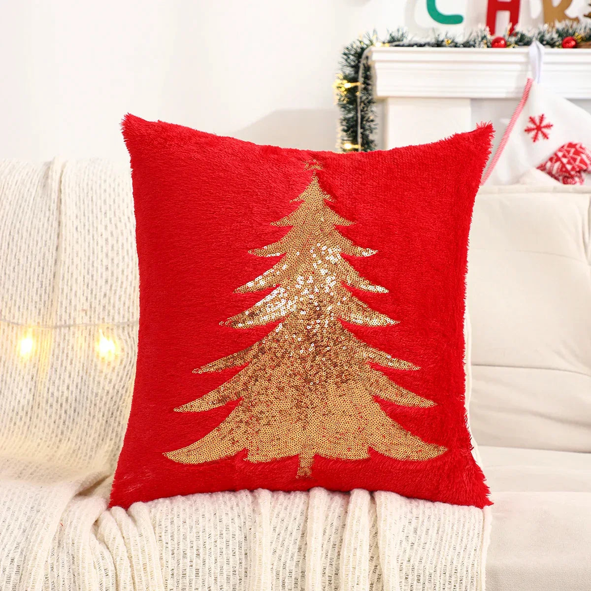 Funda de cojín con forma de árbol de Navidad y lentejuelas doradas – Edición de lujo navideña