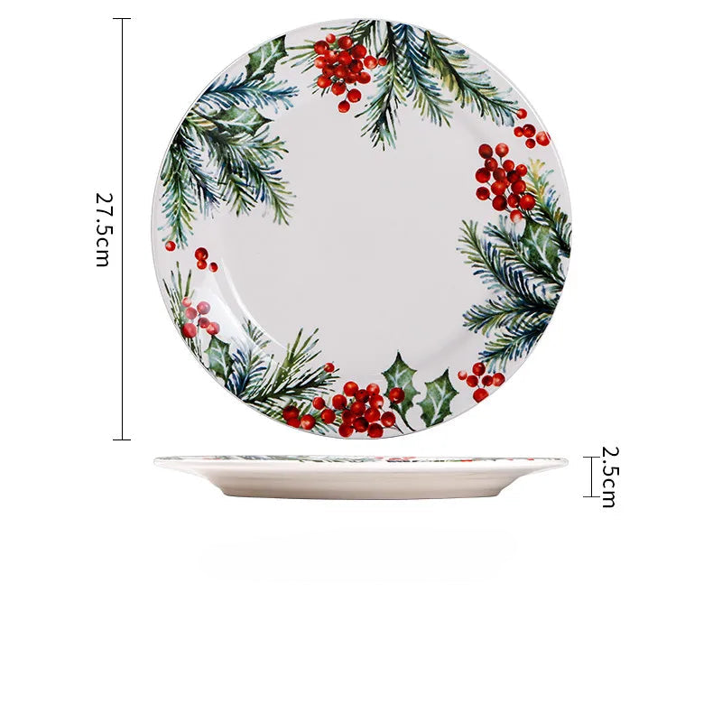 Plato llano de cerámica con acebo navideño – Edición follaje festivo