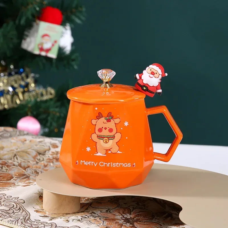 Taza navideña de cerámica con tapa y cuchara – Edición Papá Noel y Alce