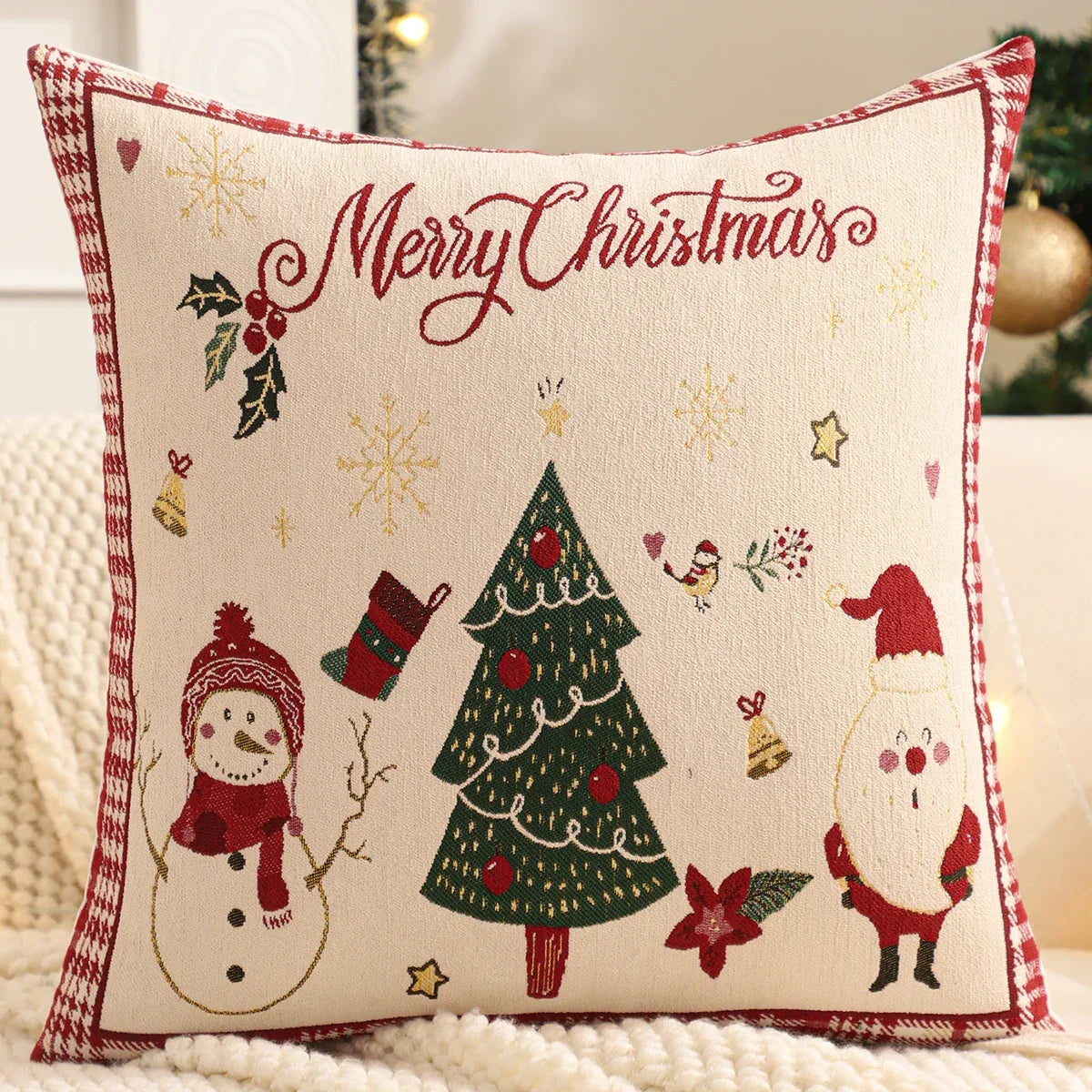 Housse de coussin Sapin de Noël et flocons de neige – Édition jacquard lin