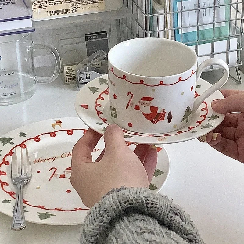 Christmas Ceramic Coffee Cup & Plate Set – Hand-Painted Holiday Edition