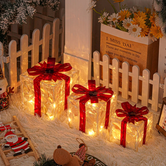 Set of 3 Lighted Gift Boxes — Red Ribbon Edition | Seasons Co.