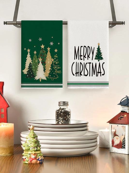 Merry Christmas Kitchen Towels – Star & Forest Edition (Set of 2 / 4)