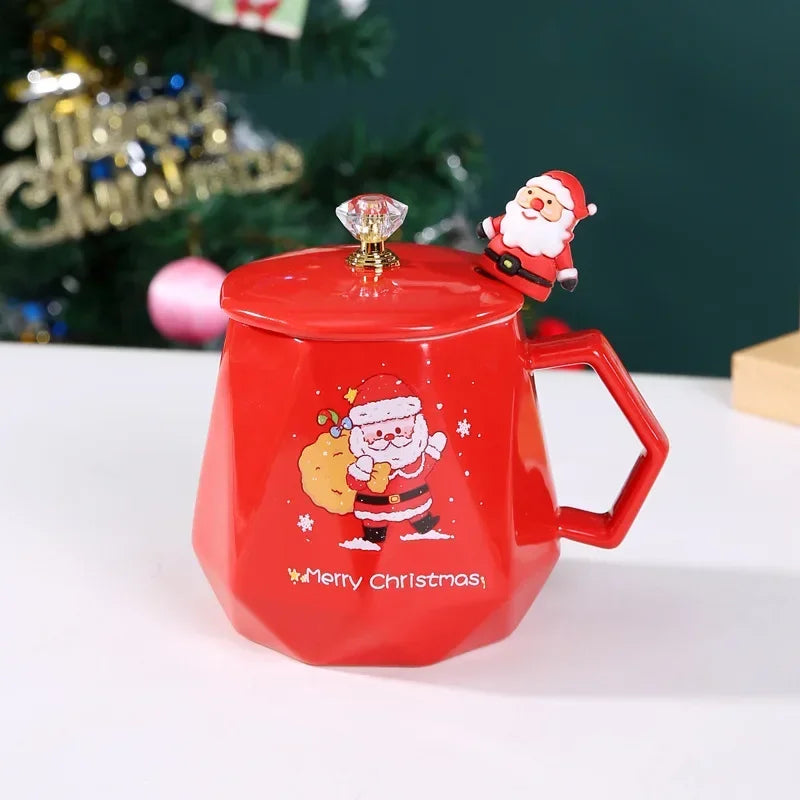 Christmas Ceramic Mug with Lid & Spoon – Santa & Elk Edition