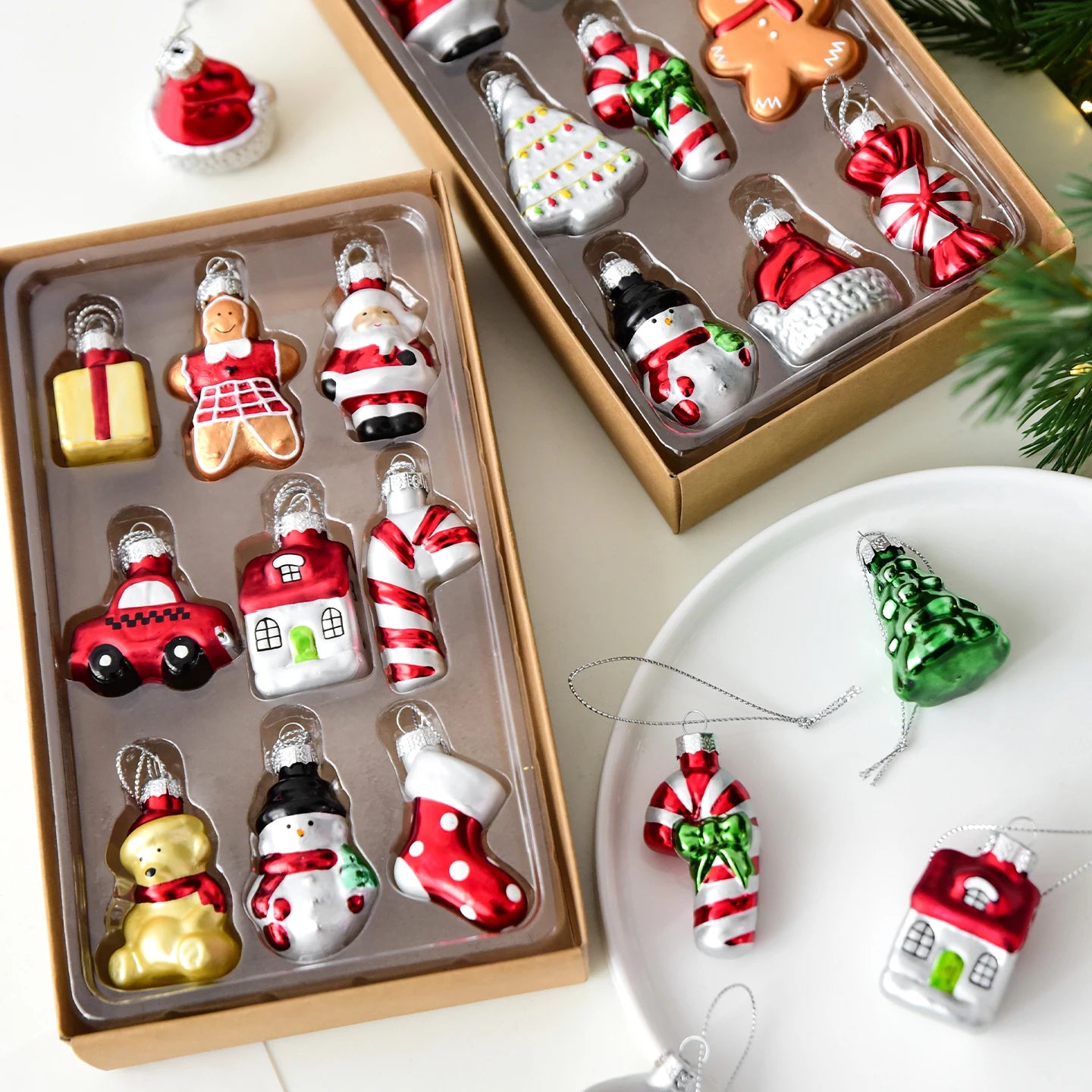 Glass Christmas Ornaments Set – Gingerbread & Tree Edition