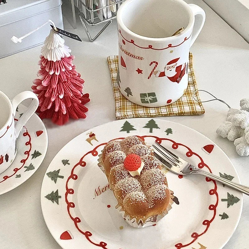 Christmas Ceramic Coffee Cup & Plate Set – Hand-Painted Holiday Edition