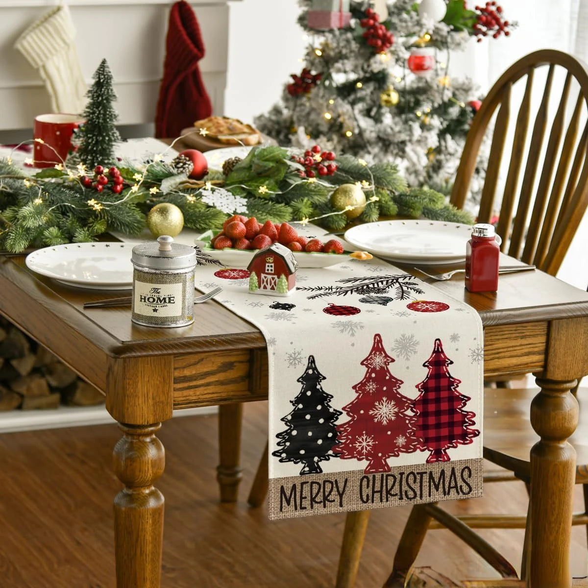 Merry Christmas Table Runner – Red Pine Tree Edition