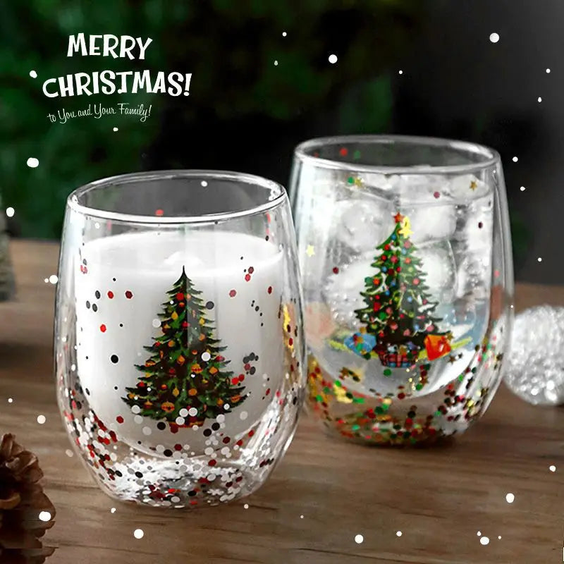 Festive Double-Wall Glass Cup – Sequin Christmas Edition