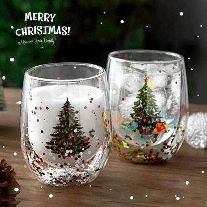 Festive Double-Wall Glass Cup – Sequin Christmas Edition
