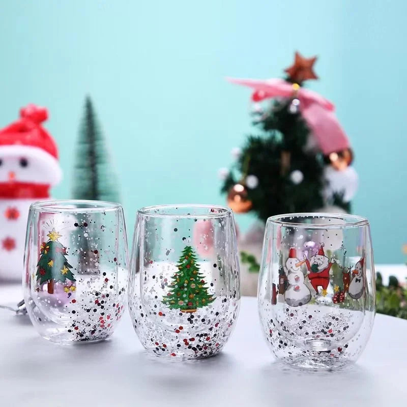 Festive Double-Wall Glass Cup – Sequin Christmas Edition