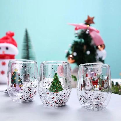 Festive Double-Wall Glass Cup – Sequin Christmas Edition