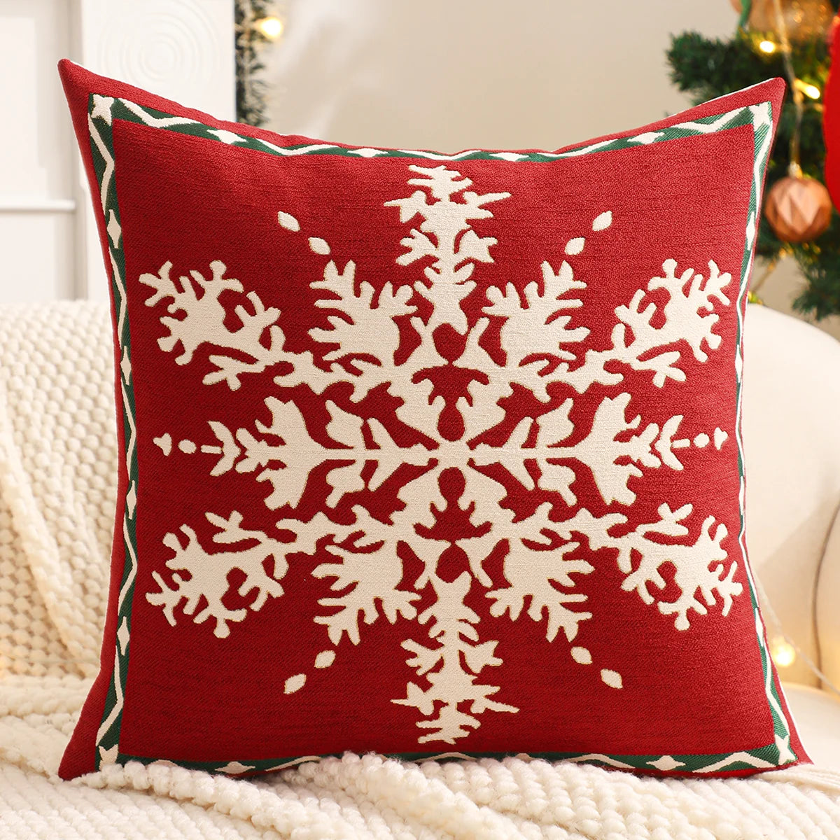 Christmas Tree & Snowflake Cushion Cover – Linen Jacquard Edition