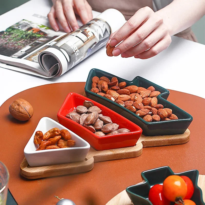 Bamboo & Ceramic Christmas Tree Tray – Holiday Serving Edition