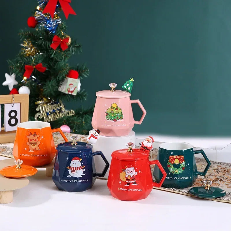 Christmas Ceramic Mug with Lid & Spoon – Santa & Elk Edition