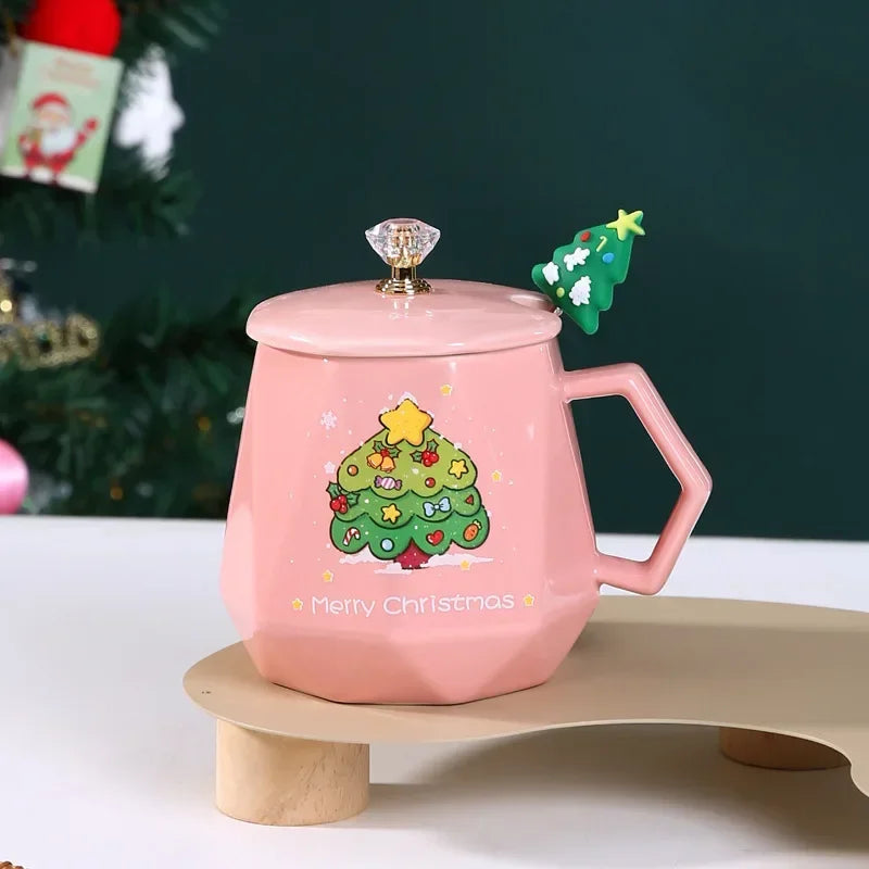 Christmas Ceramic Mug with Lid & Spoon – Santa & Elk Edition