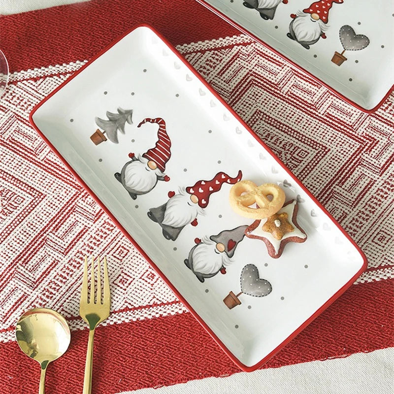 Rectangular Ceramic Dinner Plate Christmas Plate Santa Claus Pattern Afternoon Tea Dessert Tray Kitchen Steak Plate Tableware