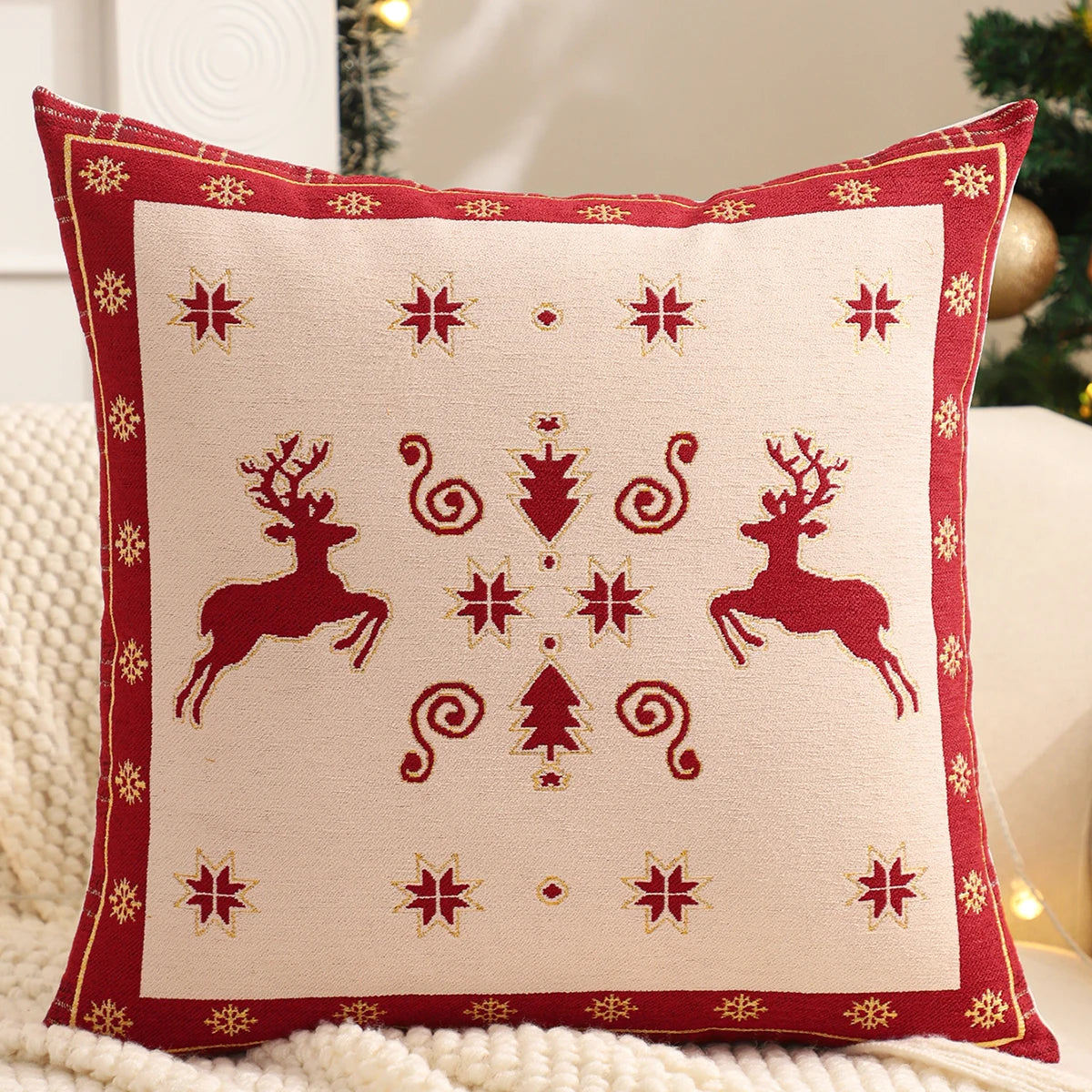 Christmas Tree & Snowflake Cushion Cover – Linen Jacquard Edition
