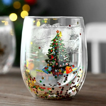 Festive Double-Wall Glass Cup – Sequin Christmas Edition