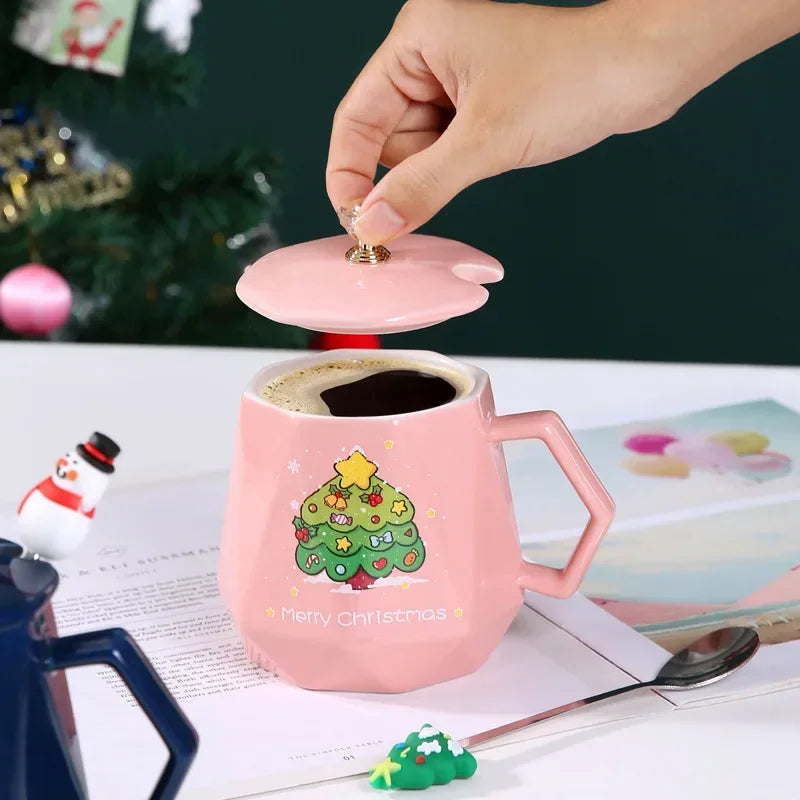 Christmas Ceramic Mug with Lid & Spoon – Santa & Elk Edition