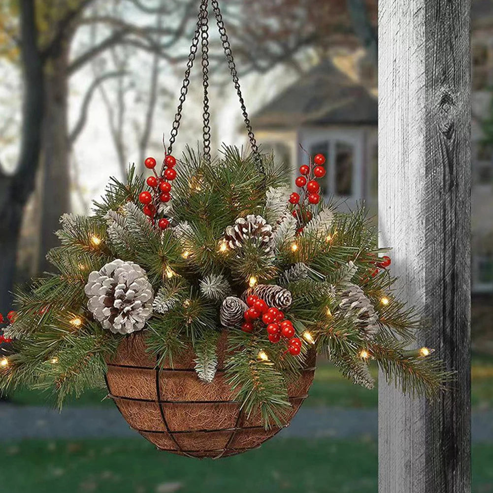 Evergreen Charm Hanging Christmas Basket — Frosted Pine & Berry Glow | Seasons Co.