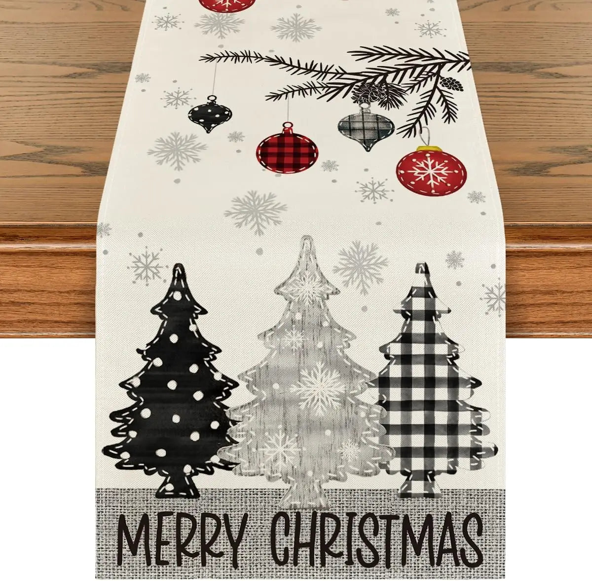 Merry Christmas Table Runner – Red Pine Tree Edition