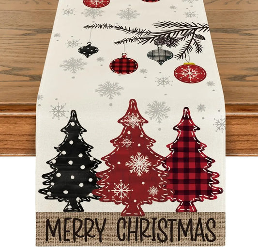 Merry Christmas Table Runner – Red Pine Tree Edition