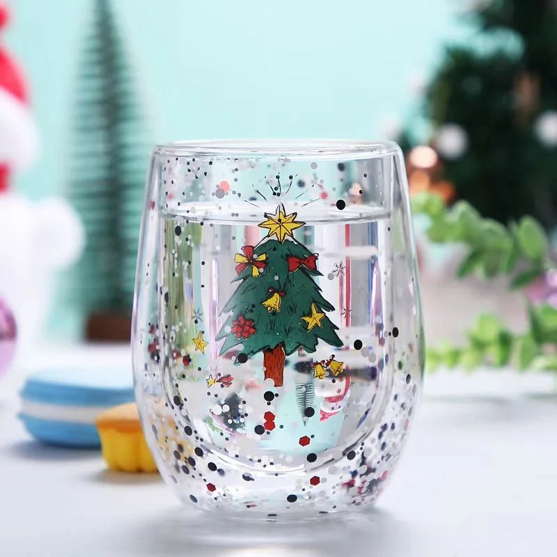 Festive Double-Wall Glass Cup – Sequin Christmas Edition