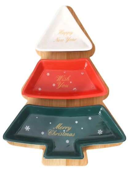 Bamboo & Ceramic Christmas Tree Tray – Holiday Serving Edition
