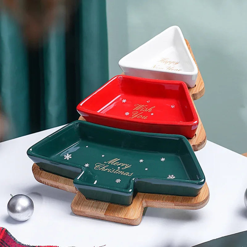 Bamboo & Ceramic Christmas Tree Tray – Holiday Serving Edition