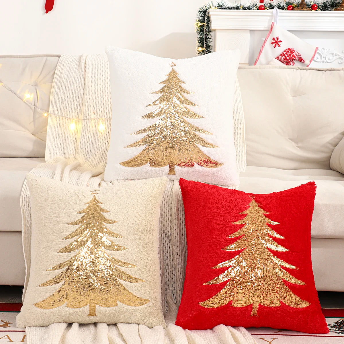 Gold Sequin Christmas Tree Cushion Cover – Holiday Luxe Edition