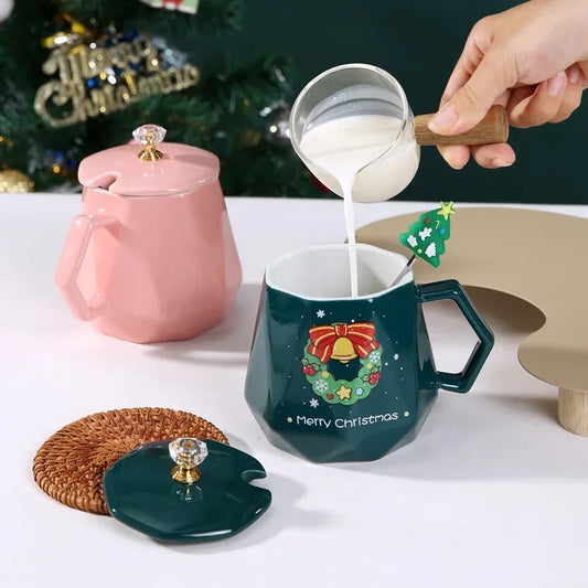 Taza navideña de cerámica con tapa y cuchara – Edición Papá Noel y Alce