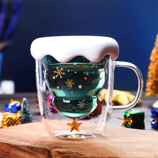 Taza de vidrio de doble pared con diseño de árbol de Navidad – Edición Brillo Navideño