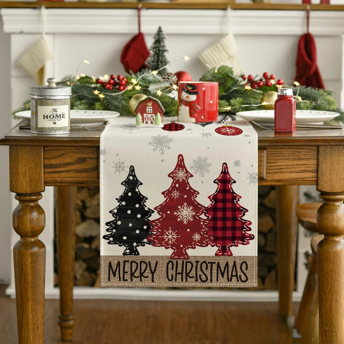Merry Christmas Table Runner – Red Pine Tree Edition