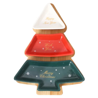 Bamboo & Ceramic Christmas Tree Tray – Holiday Serving Edition